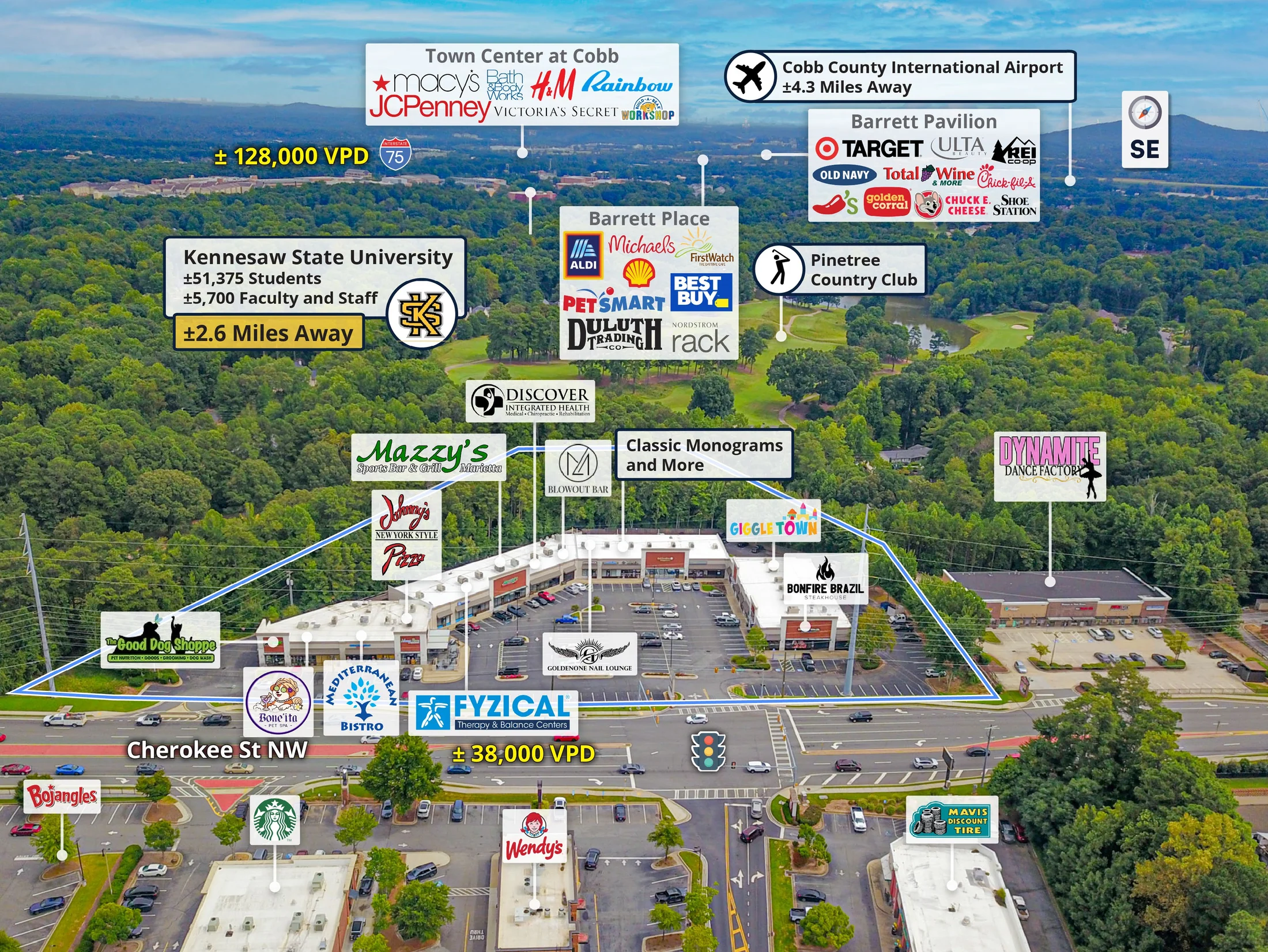 Labeled aerial of Shiloh Crossing showing tenants and surrounding retail