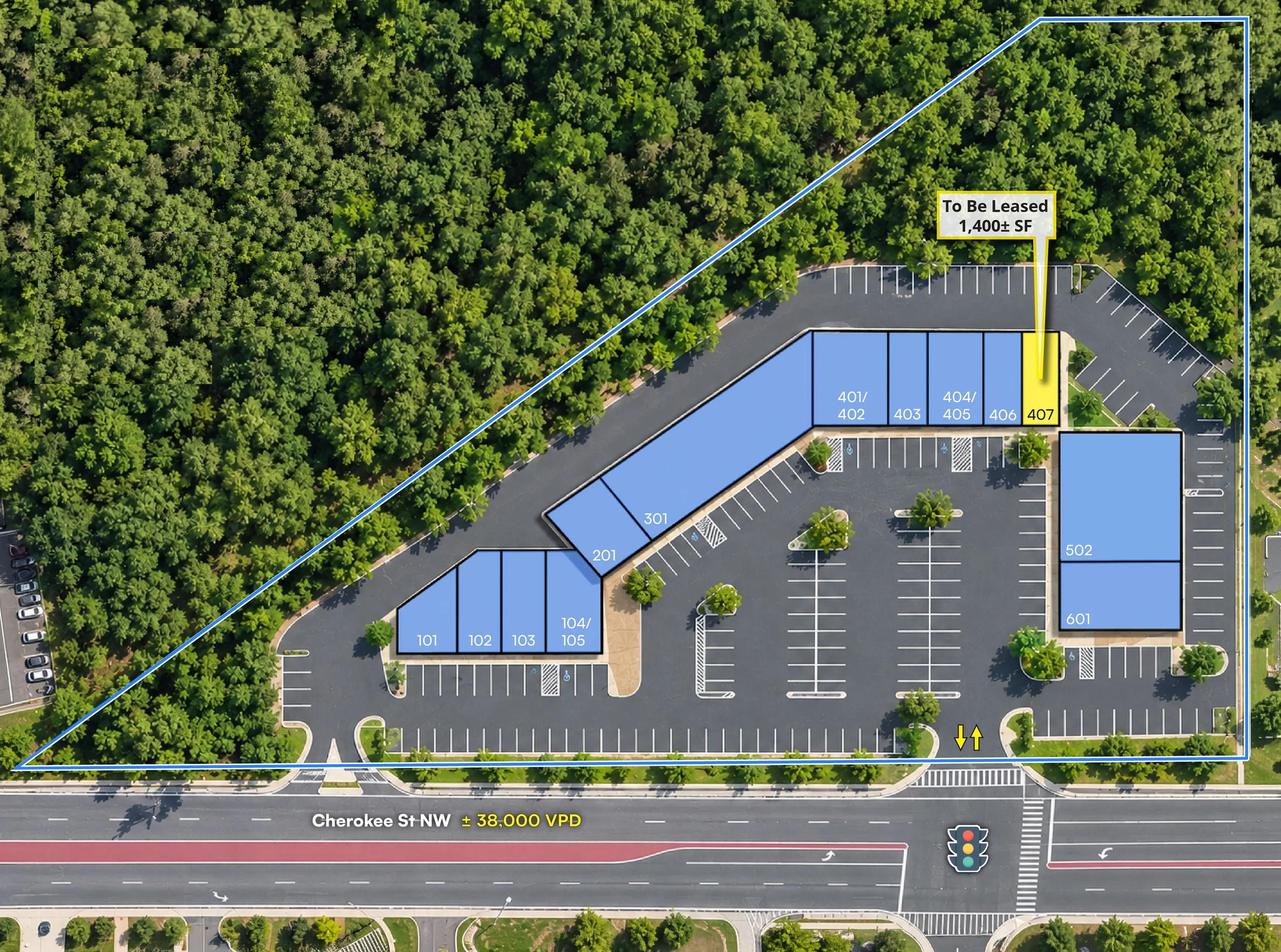 Site plan of The Shops at Shiloh Crossing showing suites, parking and Cherokee Street NW frontage
